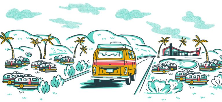 Illustrated retro van arriving at Camp Landa boutique resort with RVs and clubhouse
